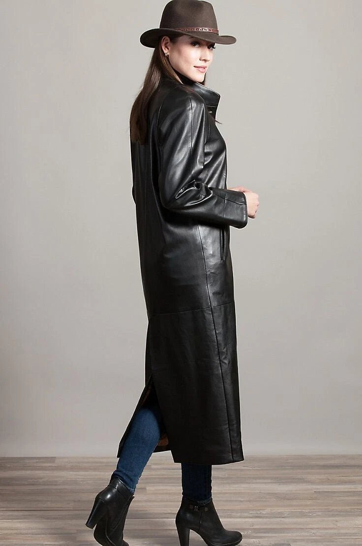 Women's Original Black Full - Grain Leather Duster Coat – Handcrafted Premium Long Trench Coat - Kamercio