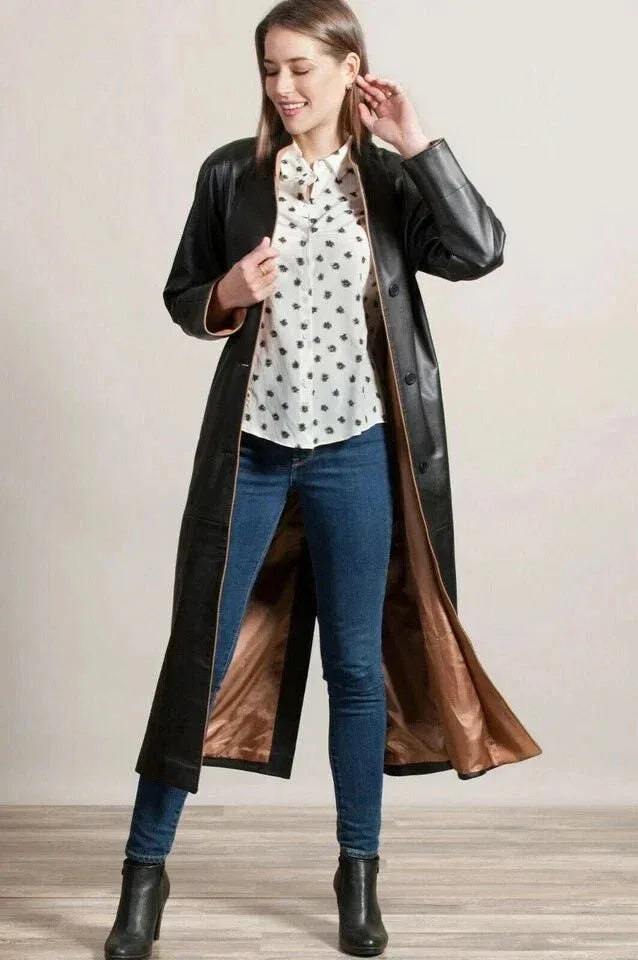 Women's Original Black Full - Grain Leather Duster Coat – Handcrafted Premium Long Trench Coat - Kamercio