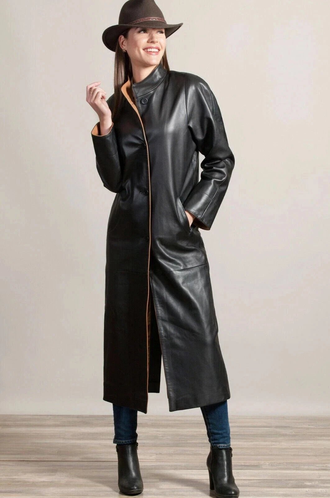 Women's Original Black Full - Grain Leather Duster Coat – Handcrafted Premium Long Trench Coat - Kamercio