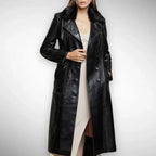 Women's Original Black Full - Grain Leather Moto Coat – Handcrafted Premium Long Biker Coat - Kamercio