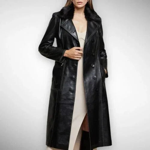 Women's Original Black Full - Grain Leather Moto Coat – Handcrafted Premium Long Biker Coat - Kamercio