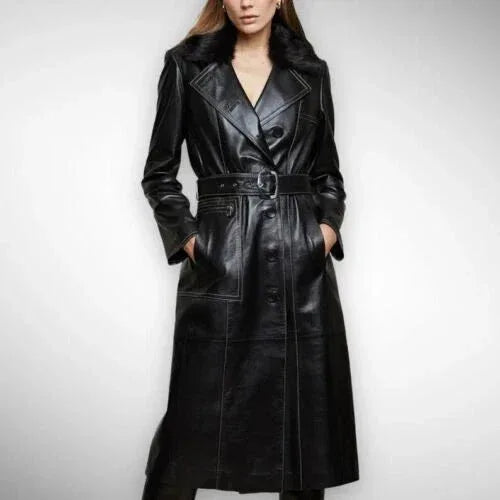 Women's Original Black Full - Grain Leather Moto Coat – Handcrafted Premium Long Biker Coat - Kamercio