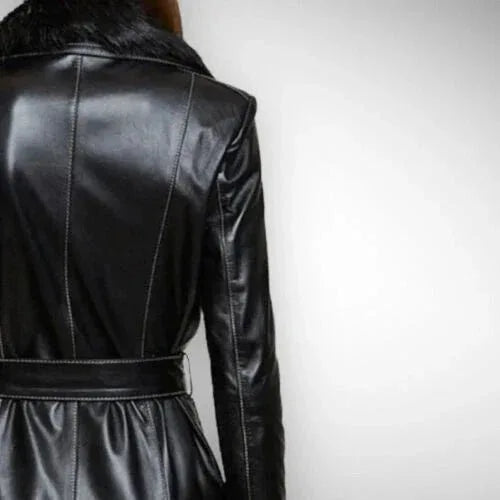 Women's Original Black Full - Grain Leather Moto Coat – Handcrafted Premium Long Biker Coat - Kamercio