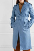 Women's Original Blue Full - Grain Leather Trench Coat – Handcrafted Belted Premium Long Coat - Kamercio