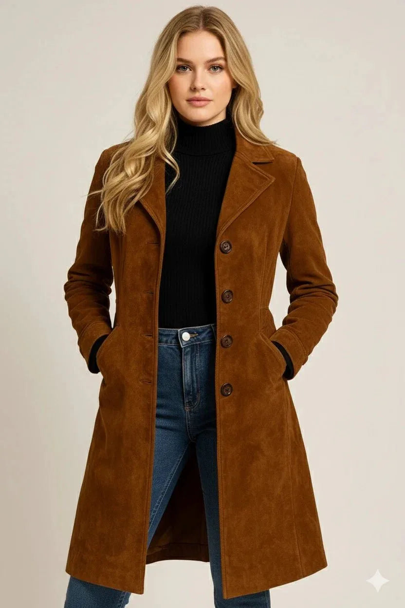 Women's Original Brown Suede Leather Coat – Handcrafted Double - Breasted Premium Long Coat - Kamercio