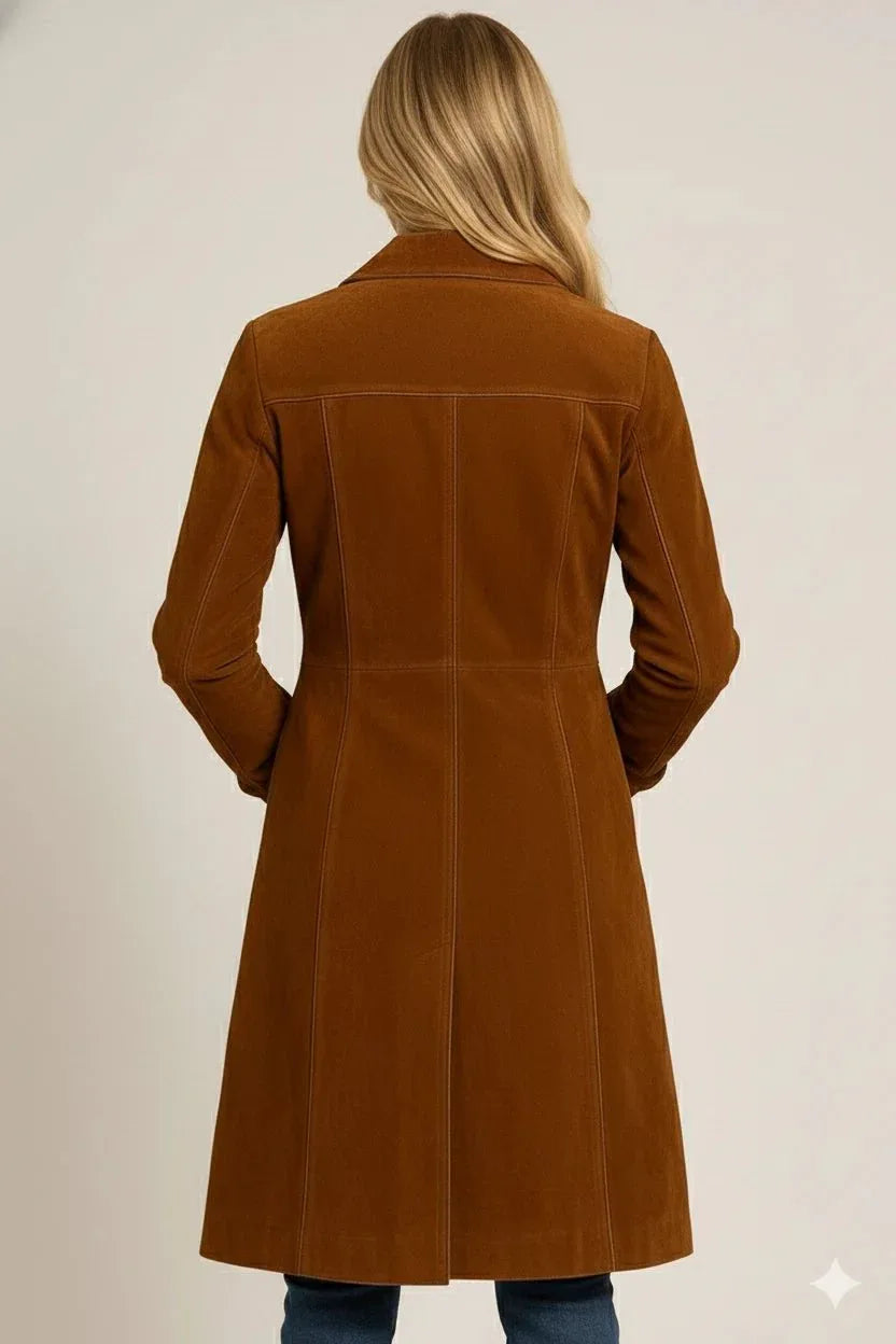 Women's Original Brown Suede Leather Coat – Handcrafted Double - Breasted Premium Long Coat - Kamercio