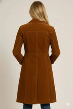 Women's Original Brown Suede Leather Coat – Handcrafted Double - Breasted Premium Long Coat - Kamercio