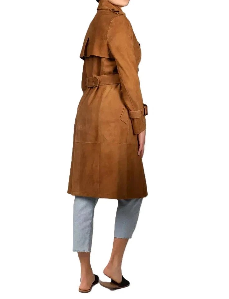 Women's Original Brown Suede Leather Trench Coat – Handcrafted Double - Breasted Long Coat - Kamercio