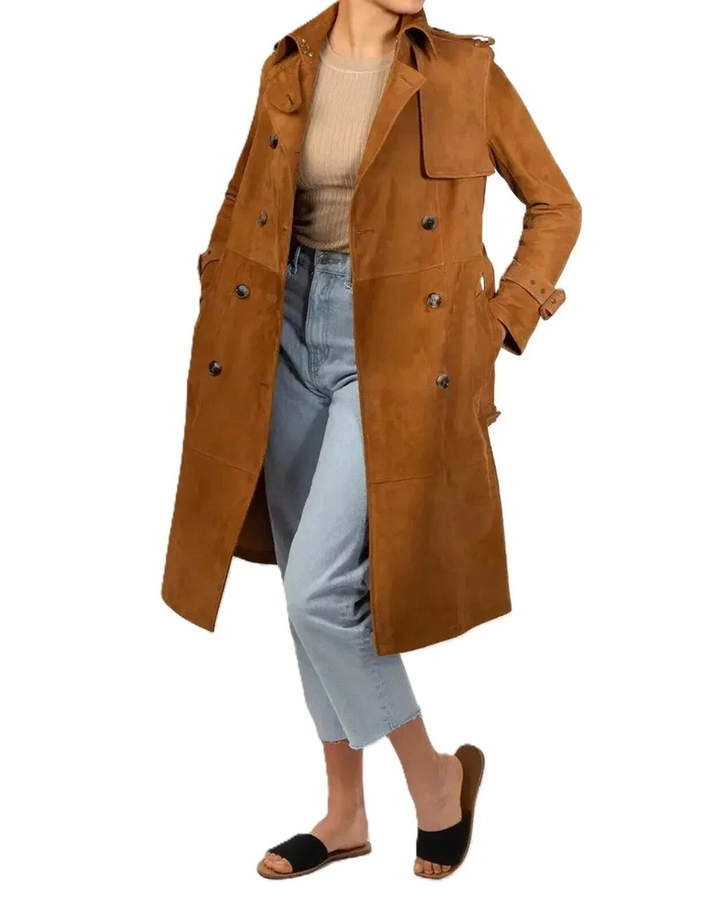 Women's Original Brown Suede Leather Trench Coat – Handcrafted Double - Breasted Long Coat - Kamercio