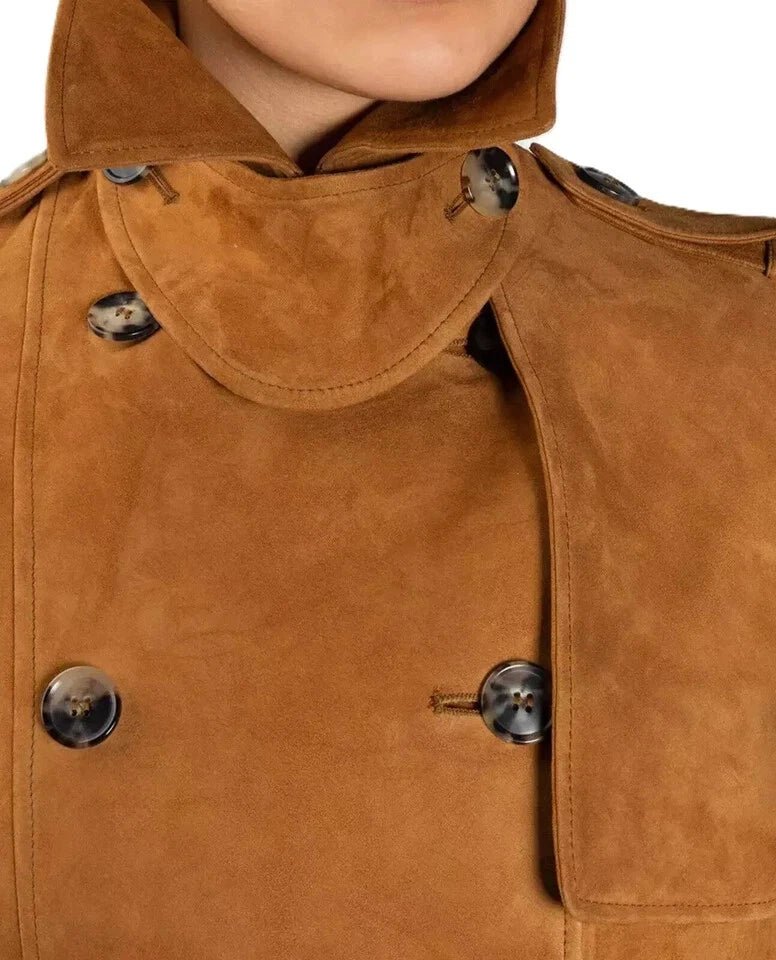 Women's Original Brown Suede Leather Trench Coat – Handcrafted Double - Breasted Long Coat - Kamercio