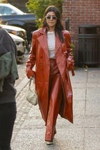 Women's Original Burnt Orange Full - Grain Leather Trench Coat – Handcrafted Double - Breasted Long Coat - Kamercio