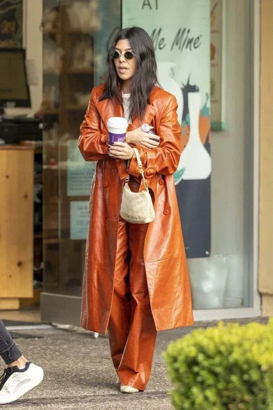 Women's Original Burnt Orange Full - Grain Leather Trench Coat – Handcrafted Double - Breasted Long Coat - Kamercio