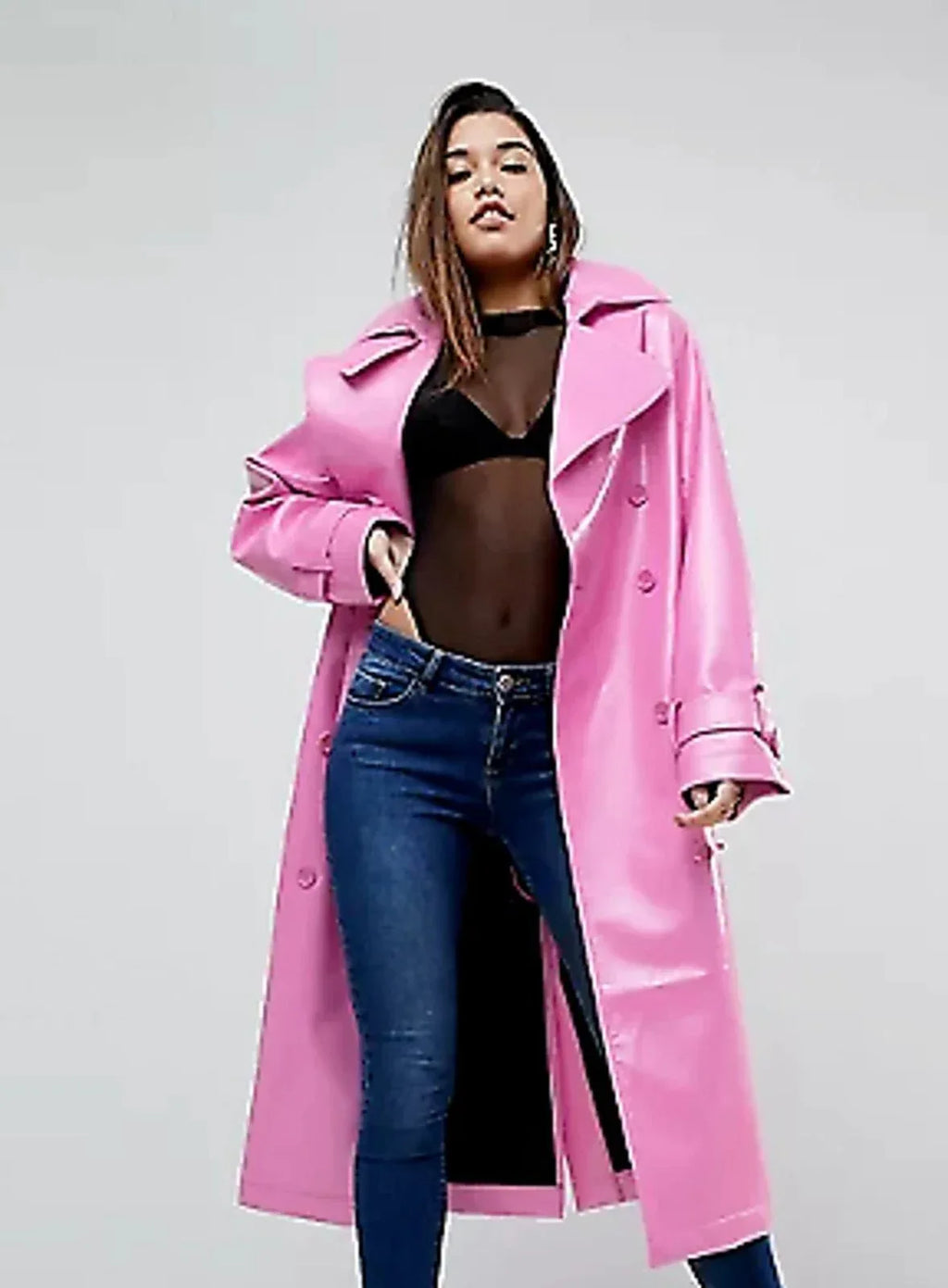 Women's Original Pink Full - Grain Leather Trench Coat – Handcrafted Double - Breasted Premium Long Coat - Kamercio