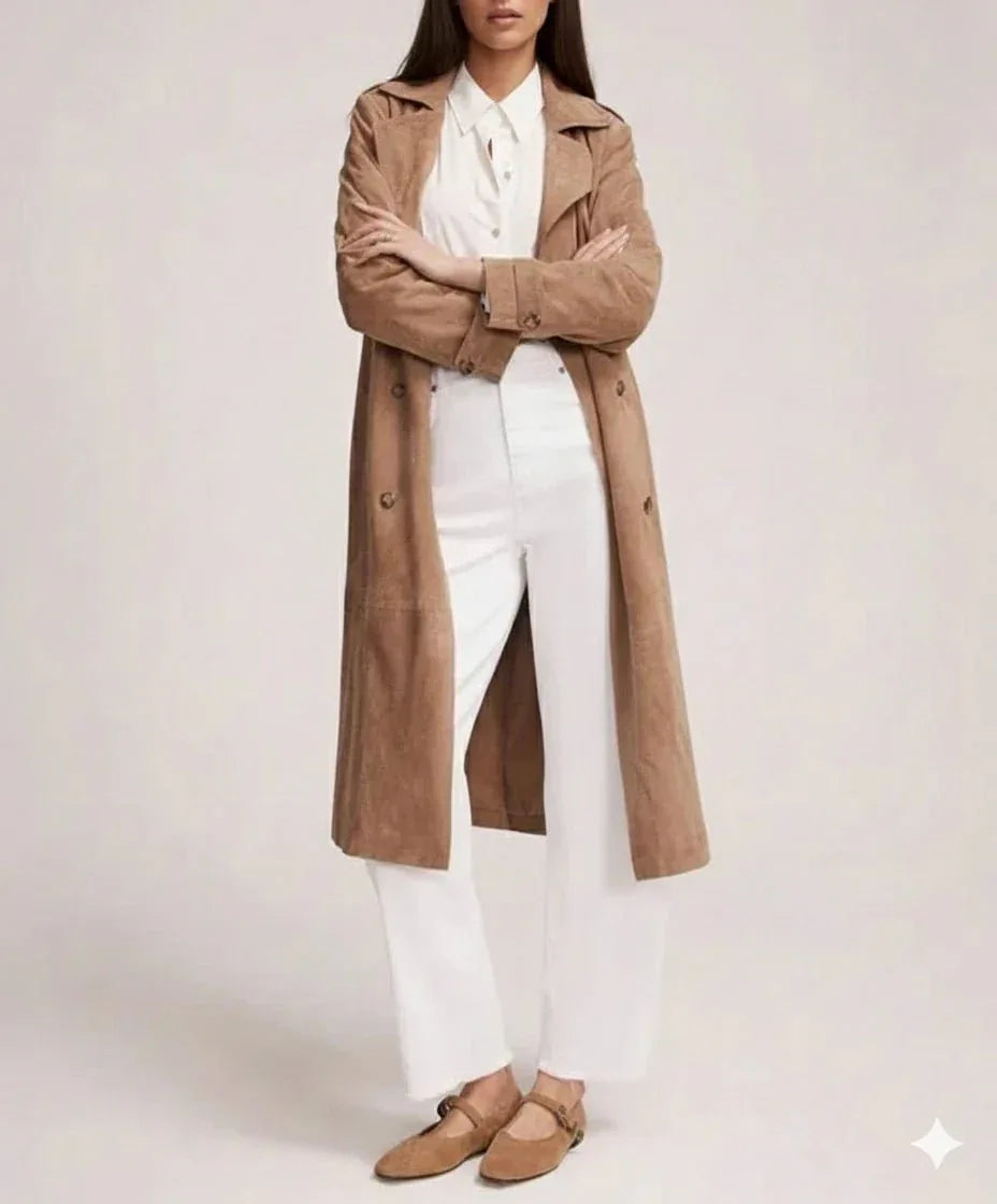 Women's Original Tan Full - Grain Suede Leather Trench Coat – Handcrafted Double - Breasted Long Coat - Kamercio