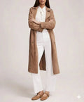 Women's Original Tan Full - Grain Suede Leather Trench Coat – Handcrafted Double - Breasted Long Coat - Kamercio