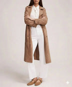 Women's Original Tan Full - Grain Suede Leather Trench Coat – Handcrafted Double - Breasted Long Coat - Kamercio