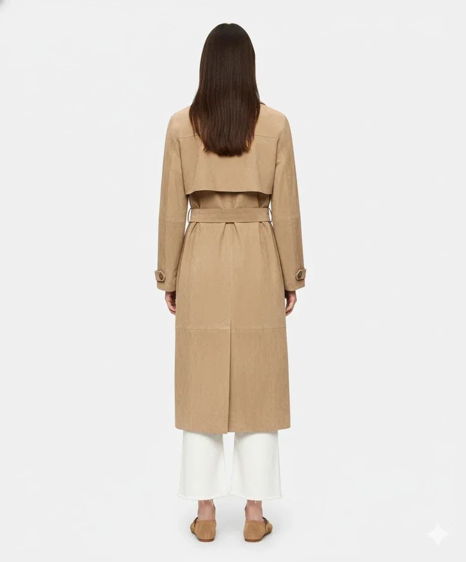 Women's Original Tan Full - Grain Suede Leather Trench Coat – Handcrafted Double - Breasted Long Coat - Kamercio