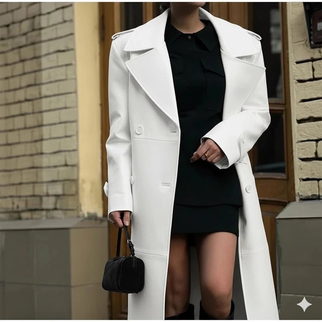 Women's Original White Full - Grain Leather Duster Coat – Handcrafted Long Statement Coat - Kamercio