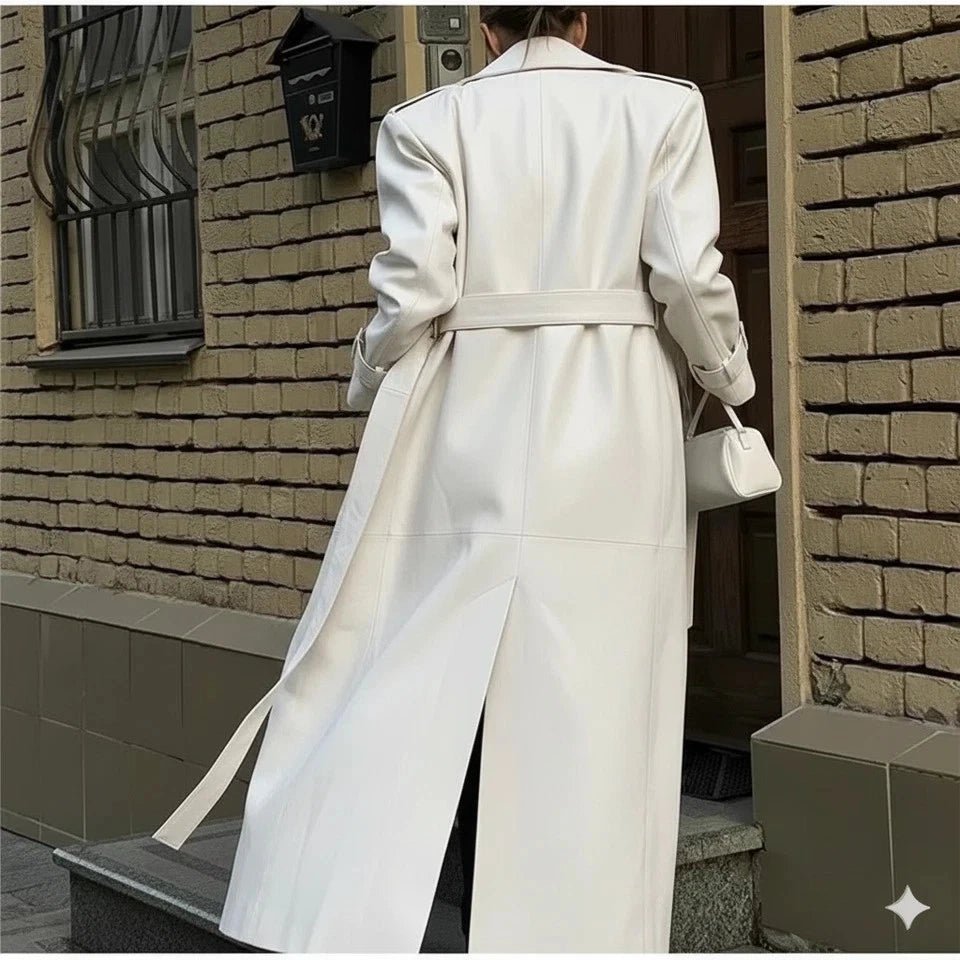 Women's Original White Full - Grain Leather Duster Coat – Handcrafted Long Statement Coat - Kamercio