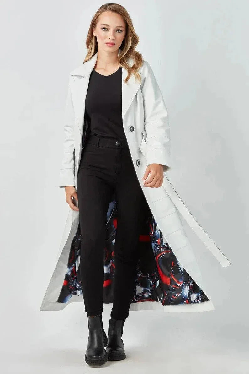 Women's Original White Full - Grain Leather Trench Coat – Handcrafted Double - Breasted Premium Coat with Floral Lining - Kamercio
