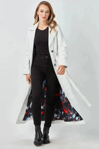 Women's Original White Full - Grain Leather Trench Coat – Handcrafted Double - Breasted Premium Coat with Floral Lining - Kamercio