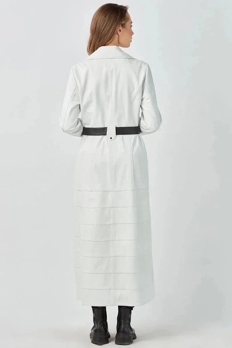 Women's Original White Full - Grain Leather Trench Coat – Handcrafted Double - Breasted Premium Coat with Floral Lining - Kamercio