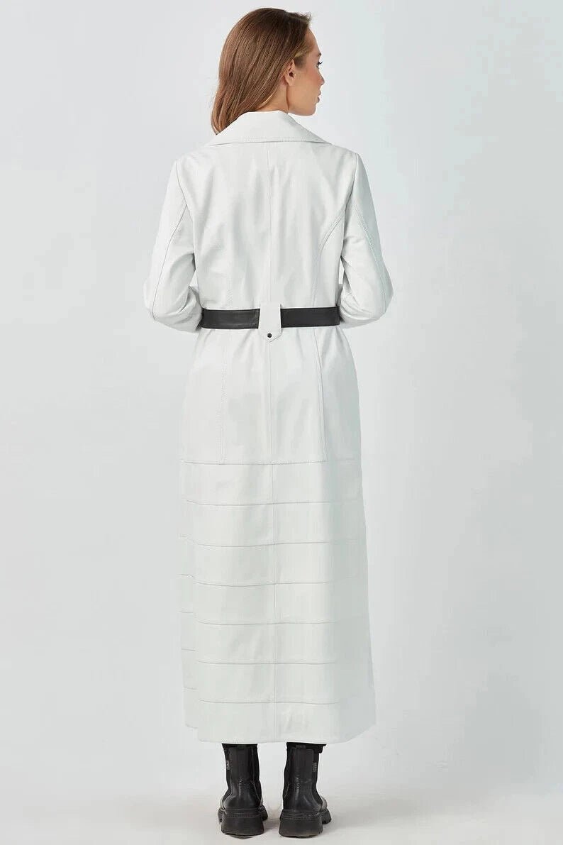 Women's Original White Full - Grain Leather Trench Coat – Handcrafted Double - Breasted Premium Coat with Floral Lining - Kamercio