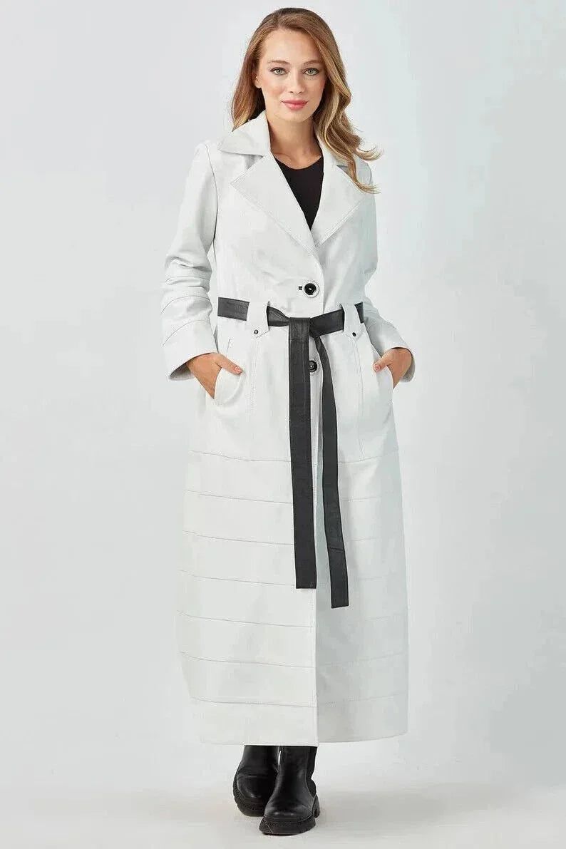 Women's Original White Full - Grain Leather Trench Coat – Handcrafted Double - Breasted Premium Coat with Floral Lining - Kamercio