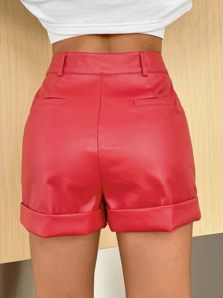 Women's Red Original Leather Shorts - High - Waisted Tailored Shorts with Cuffed Hem - Kamercio