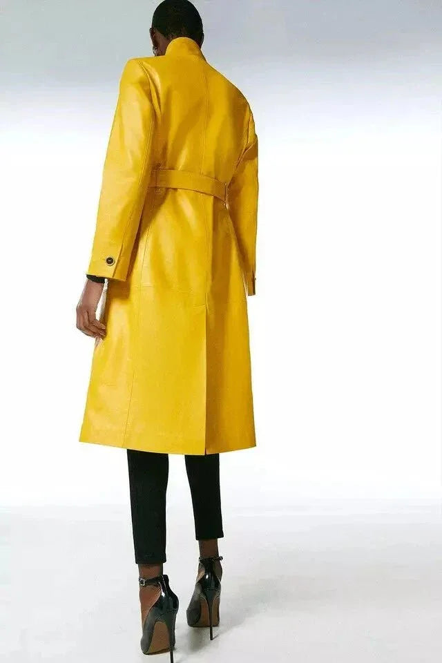 Yellow Original Leather Wrap Coat - Belted Premium Long Coat for Women - Kamercio