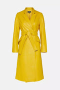 Yellow Original Leather Wrap Coat - Belted Premium Long Coat for Women - Kamercio