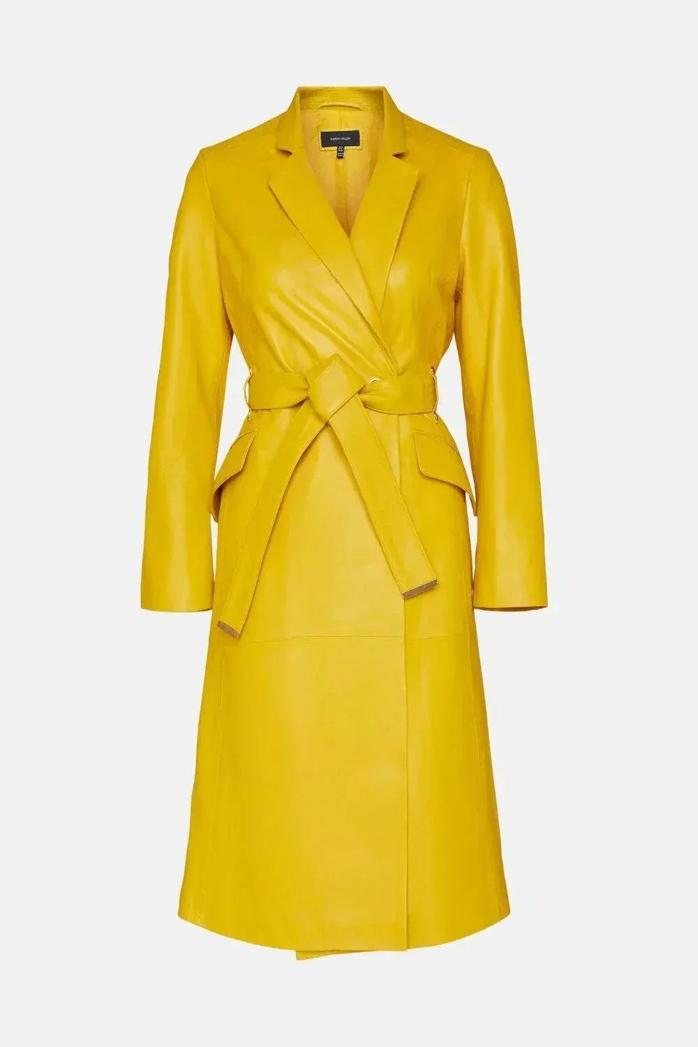 Yellow Original Leather Wrap Coat - Belted Premium Long Coat for Women - Kamercio