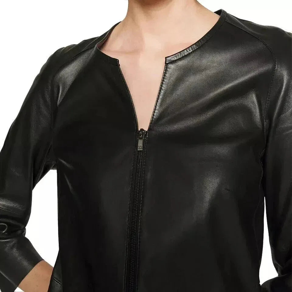 Zip - Front Original Leather Dress - Handcrafted Black Premium Leather Dress with Zipper Pockets - Kamercio