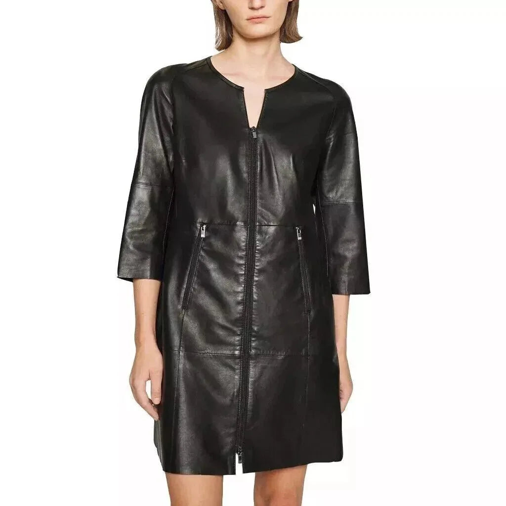 Zip - Front Original Leather Dress - Handcrafted Black Premium Leather Dress with Zipper Pockets - Kamercio