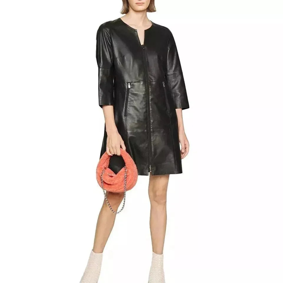 Zip - Front Original Leather Dress - Handcrafted Black Premium Leather Dress with Zipper Pockets - Kamercio