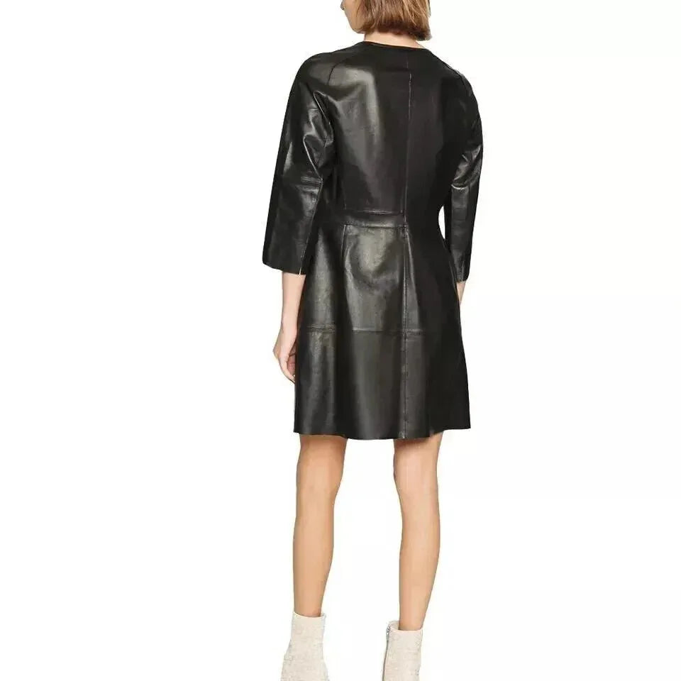 Zip - Front Original Leather Dress - Handcrafted Black Premium Leather Dress with Zipper Pockets - Kamercio
