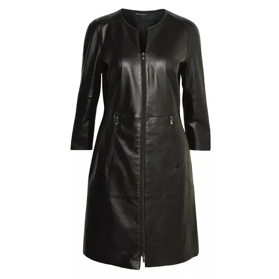 Zip - Front Original Leather Dress - Handcrafted Black Premium Leather Dress with Zipper Pockets - Kamercio